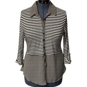 ROZ & ALI Black White Pattern Button Top Petite XL Roll Tab Cuffs‎ Rayon Stretch